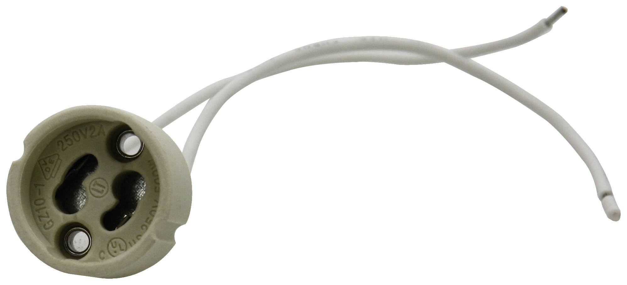 Een lamphouder met twee witte aansluitdraden, geschikt voor een gloeilamp.