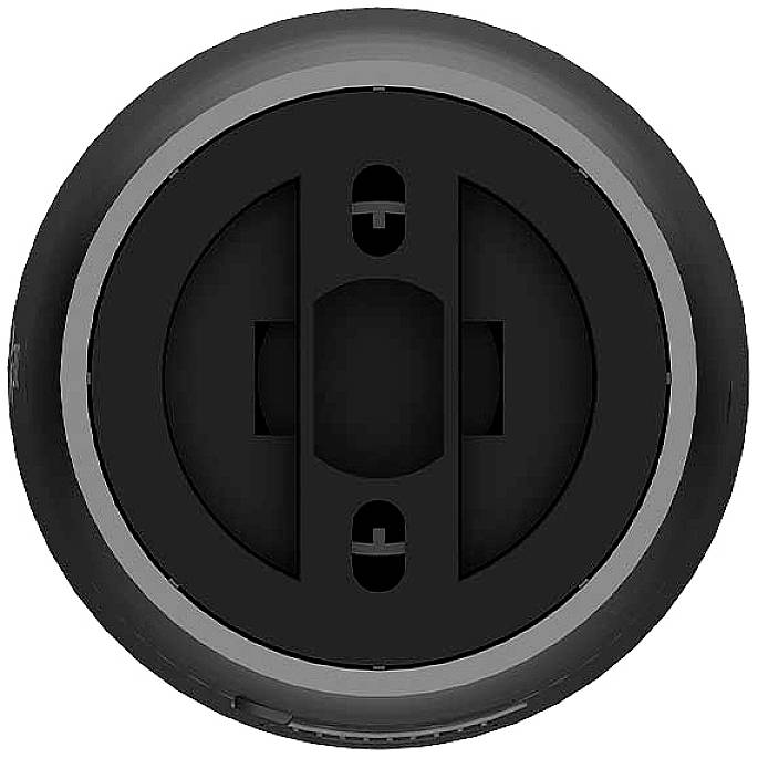 Een zwarte, ronde knop met twee invoermogelijkheden, waarschijnlijk gebruikt voor elektrische apparaten of adapters.