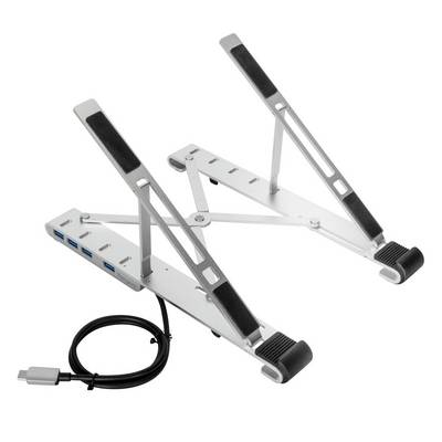 Metalen laptopstandaard met verstelbare hoogte. Geïntegreerde USB-hub met vier poorten en een USB-C-kabel.