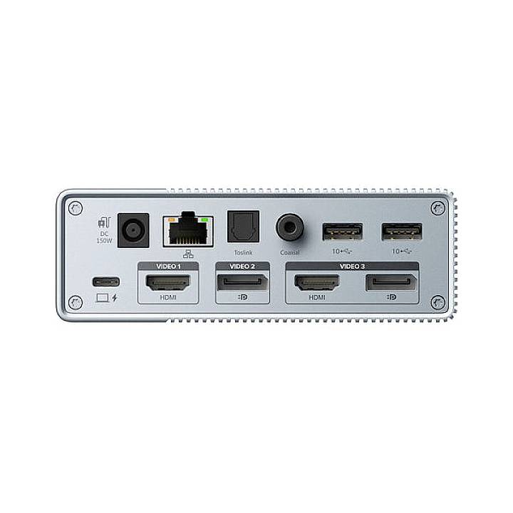 'Achterkant van een apparaat met twee USB-poorten, Ethernet-, voedingsaansluiting, drie HDMI- en audio-aansluitingen, evenals een schakelaar.'