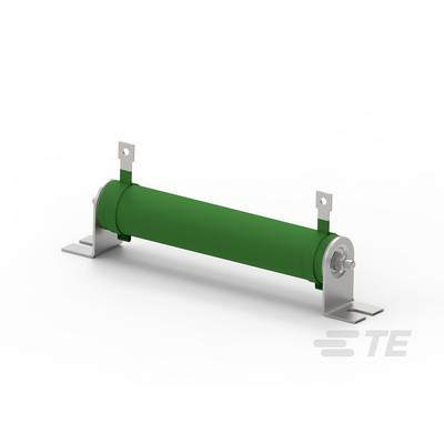 Groene cilindrische weerstand met metalen bevestigingen aan beide uiteinden op witte achtergrond.