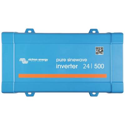 Blauwe omvormer met de tekst 'Victron Energy pure sinewave inverter 24 | 500' en een QR-code.