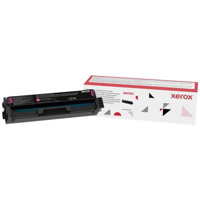 Toner cartridge naast zijn verpakking met 'Xerox'-opdruk, voornamelijk zwart met roze elementen, geschikt voor printers.