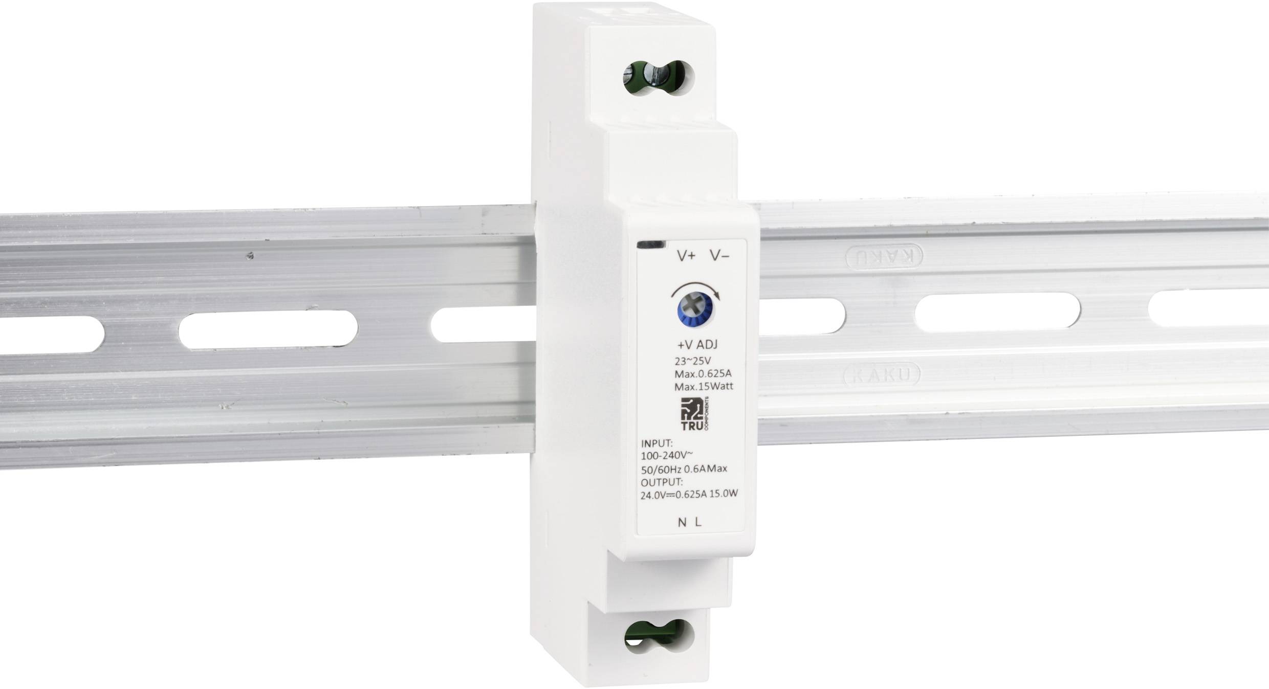 Wit elektrisch apparaat, gemonteerd op een DIN-rail, met aansluitingen boven en beneden, toont specificaties op de voorkant.