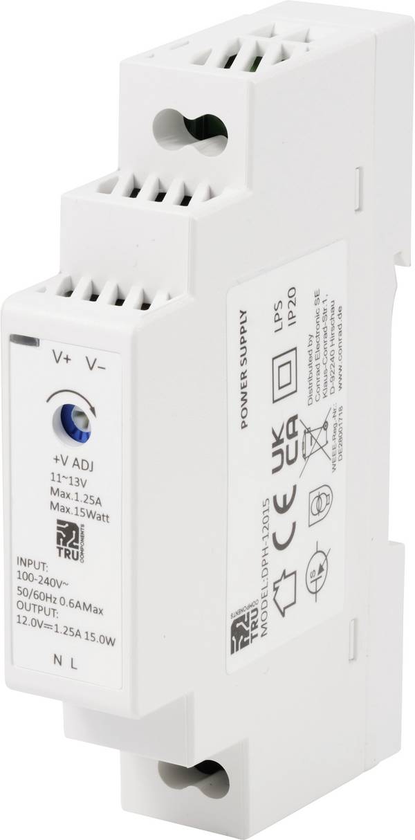 TRU COMPONENTS TC-10580800 DIN-rail netvoeding  12 V/DC 1.25 A 15 W Aantal uitgangen:1 x  Inhoud 1 stuk(s)