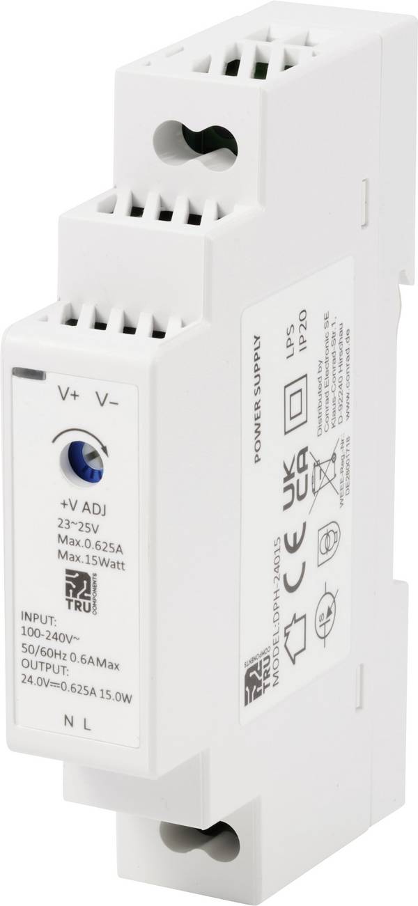 TRU COMPONENTS TC-10580804 DIN-rail netvoeding 24 V/DC 0.625 A 15 W Aantal uitgangen:1 x Inhoud 1 stuk(s)