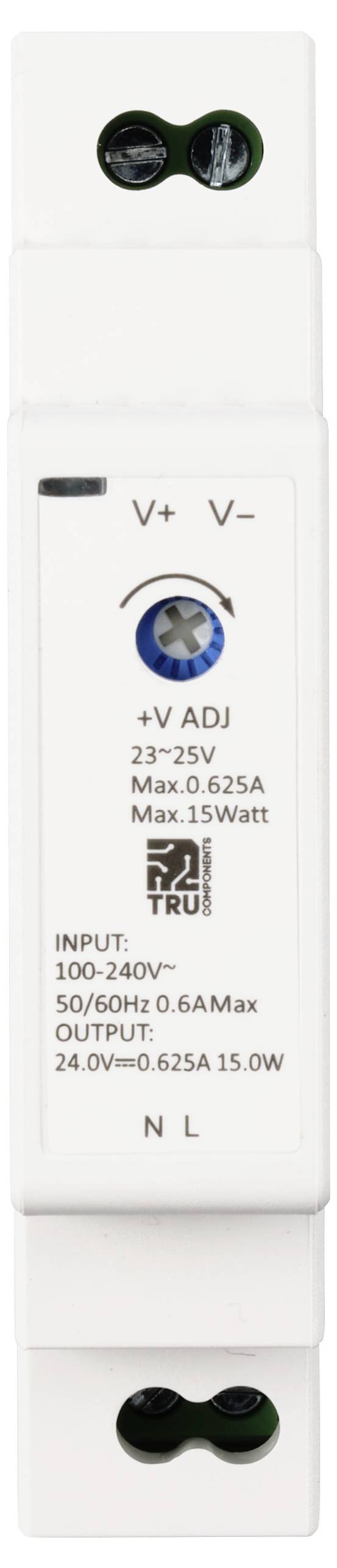 Een wit elektrisch apparaat met aansluitingen en labels voor ingangs- en uitgangsspanning, geschikt voor 23-25V en 15 Watt.