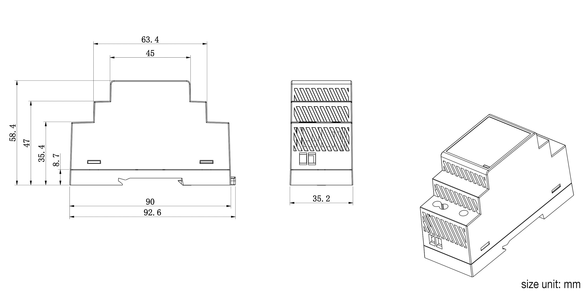 Technische tekening van een DIN-railbehuizing met afmetingen in millimeters: 92,6 mm breedte, 63,4 mm hoogte, 35,2 mm diepte.