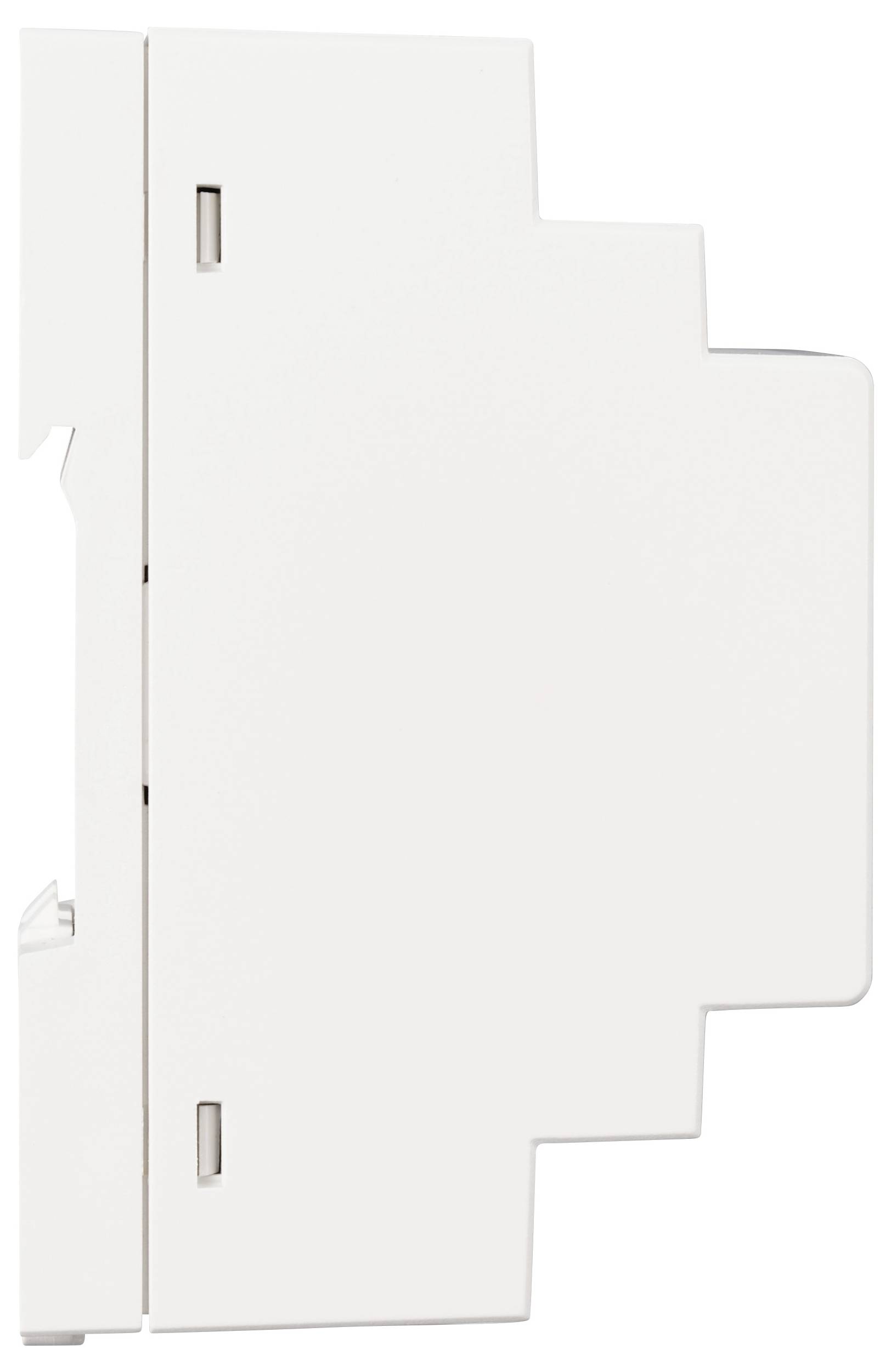 Zijaanzicht van een wit, rechthoekig apparaat met een gladde oppervlakte en smalle inkepingen. Het heeft een industriële uitstraling.