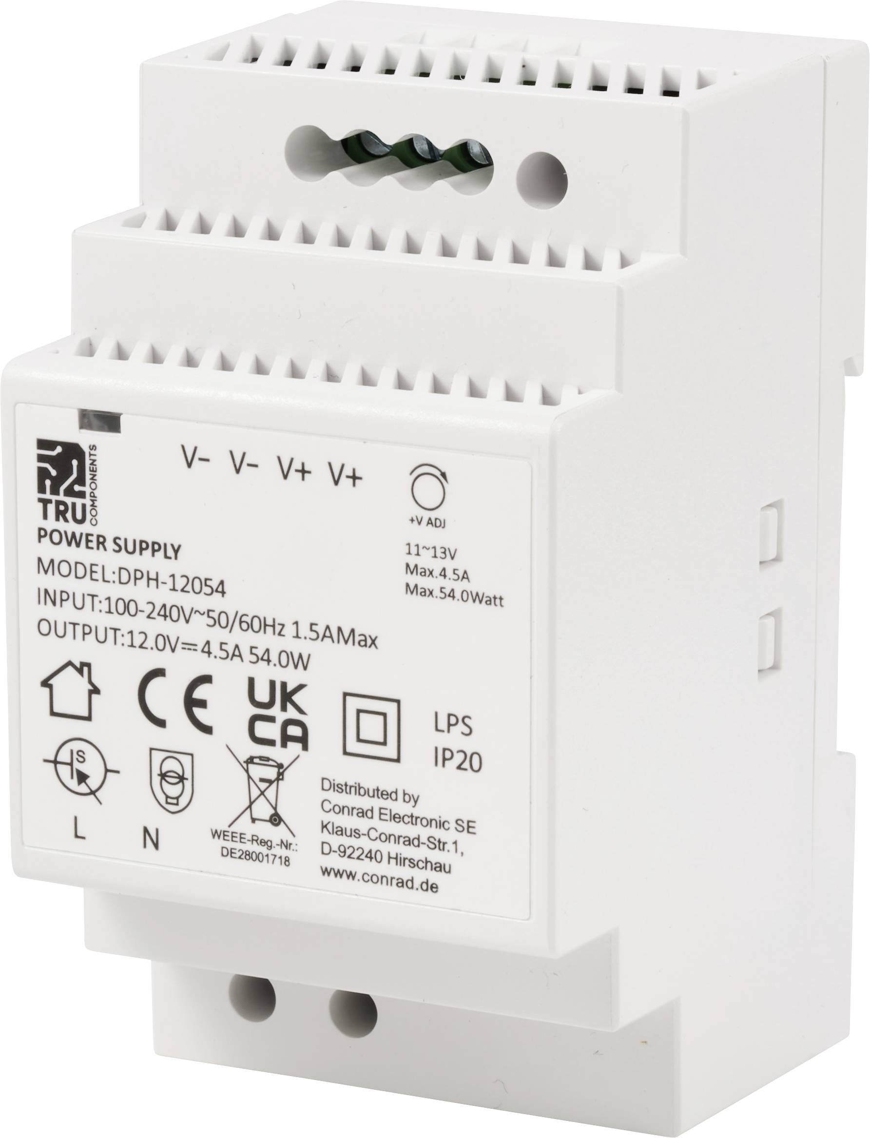 Een voedingsadapter voor DIN-railmontage, model DPH-12054, met ingangsbereik 100-240V, uitgang 12.0V 4.5A 54.0W, beschermingsklasse IP20.