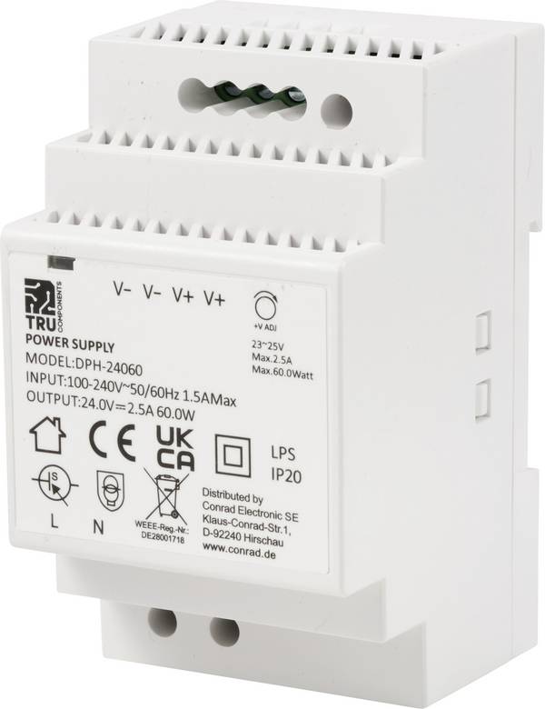 TRU COMPONENTS TC-10580820 DIN-rail netvoeding 24 V/DC 2.5 A 60 W Aantal uitgangen:1 x Inhoud 1 stuk(s)