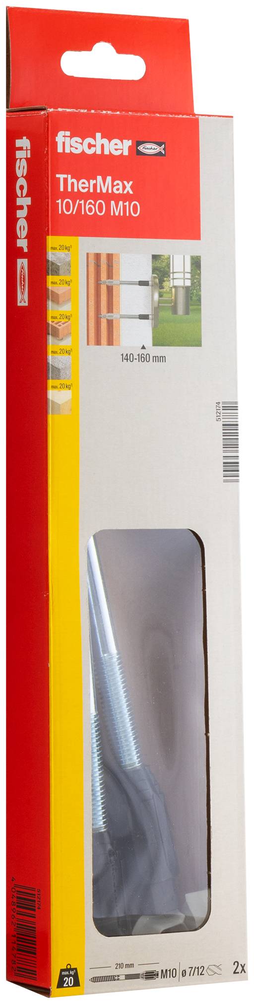 'Fischer TherMax 10/160 M10' plugdoos, toont twee bouten en een voorbeeldtoepassing voor geïsoleerde gevels.