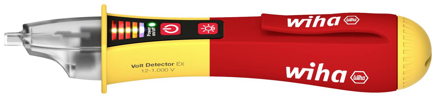 Een spanningsdetector met LED-indicators in een rood behuizing. Spanning wordt weergegeven van 12 tot 1000 V. Het merk 'wiha' is zichtbaar.