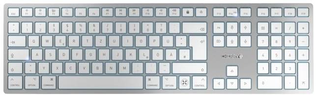 Aluminium toetsenbord in zilver met witte toetsen, volledig layout inclusief numeriek blok, functioneel en elegant ontworpen.