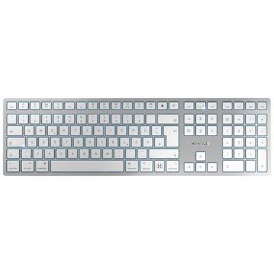 Aluminium toetsenbord in zilver met witte toetsen, volledig layout inclusief numeriek blok, functioneel en elegant ontworpen.