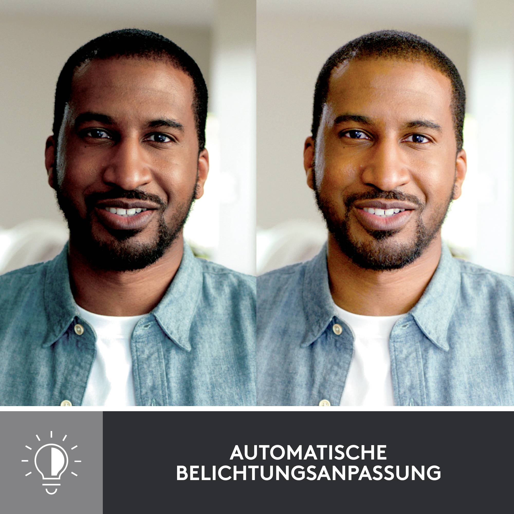 Persoon voor en na automatische belichting. Links: donkerder beeld; rechts: helderder, duidelijker beeld. Tekst onderaan: 'Automatische belichtingsaanpassing'.