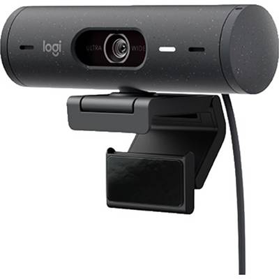 Zwarte webcam met groothoeklens op verstelbare standaard; merklogo zichtbaar. Ideaal voor videogesprekken of streaming.