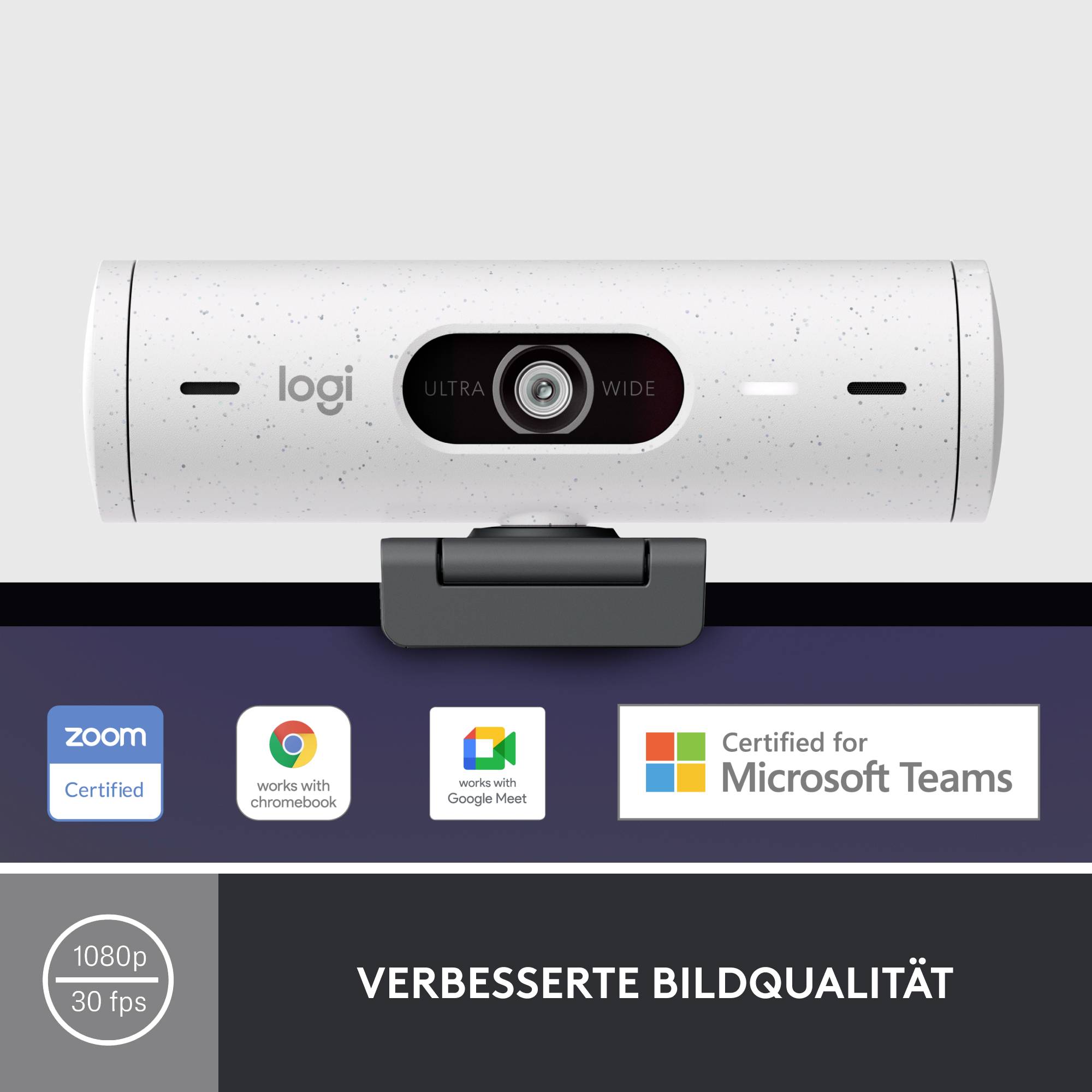 De afbeelding toont een Logitech-webcam met 'Gecertificeerd voor Microsoft Teams' en logo's van Zoom, Chromebook en Google Meet. 1080p, 30 fps.