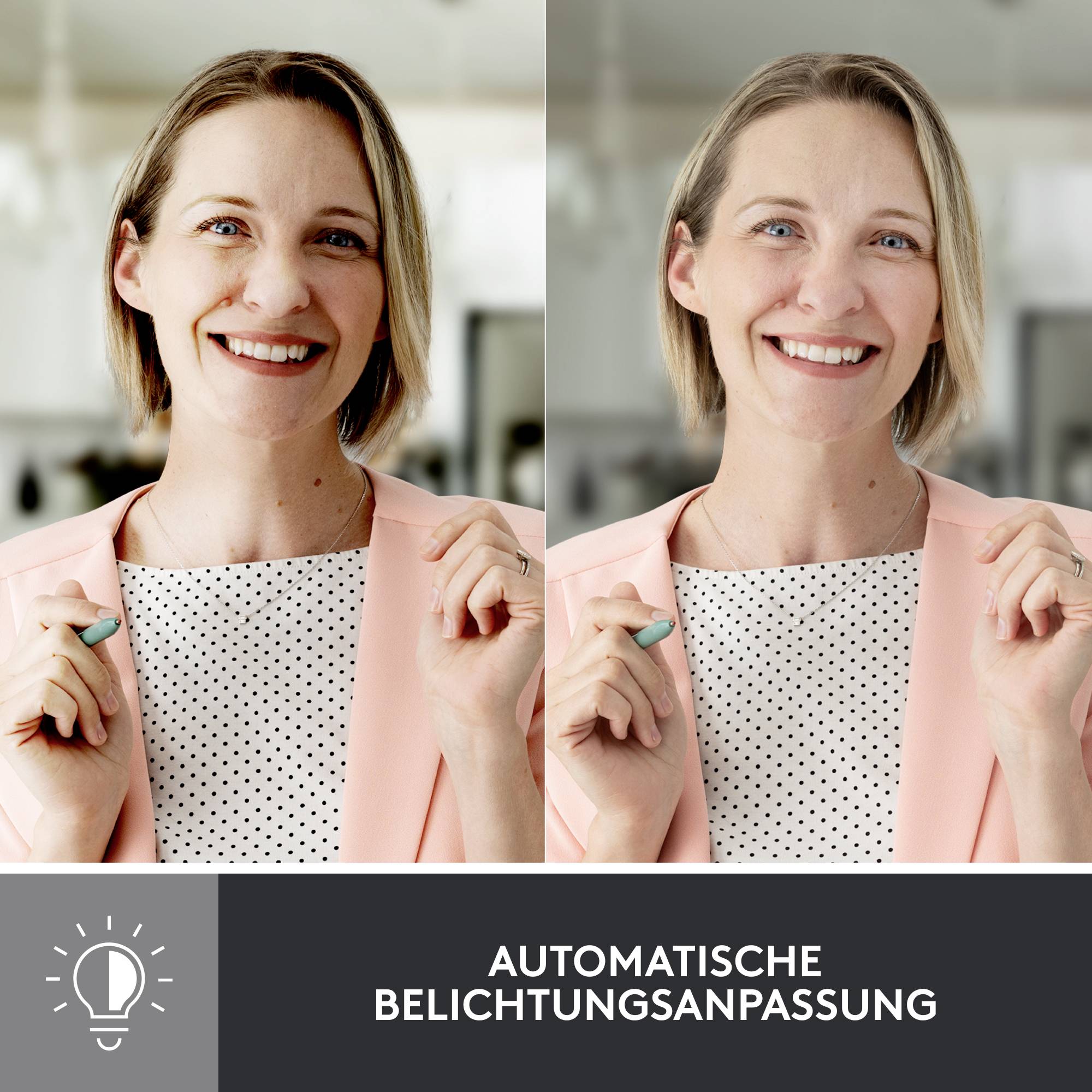 Een glimlachende persoon in een lichtovergoten ruimte. Tekst eronder: 'Automatische belichtingsaanpassing'.