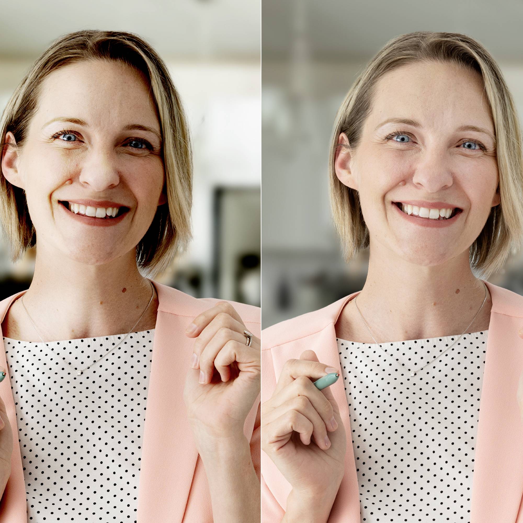 Ik kan niet zeggen wie er op de foto staat. Het toont een lachende persoon in een roze blazer voor een onscherpe achtergrond.