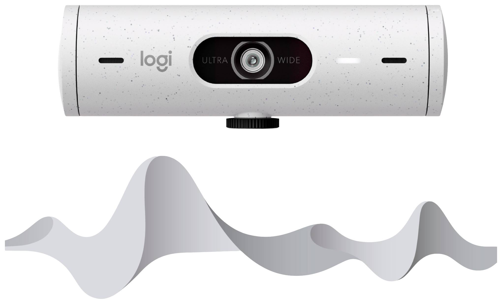 Een witte webcam met een centraal geplaatste lens en een merklogo bovenaan. Daaronder een grijze, gebogen vorm die geluidsgolven voorstelt.