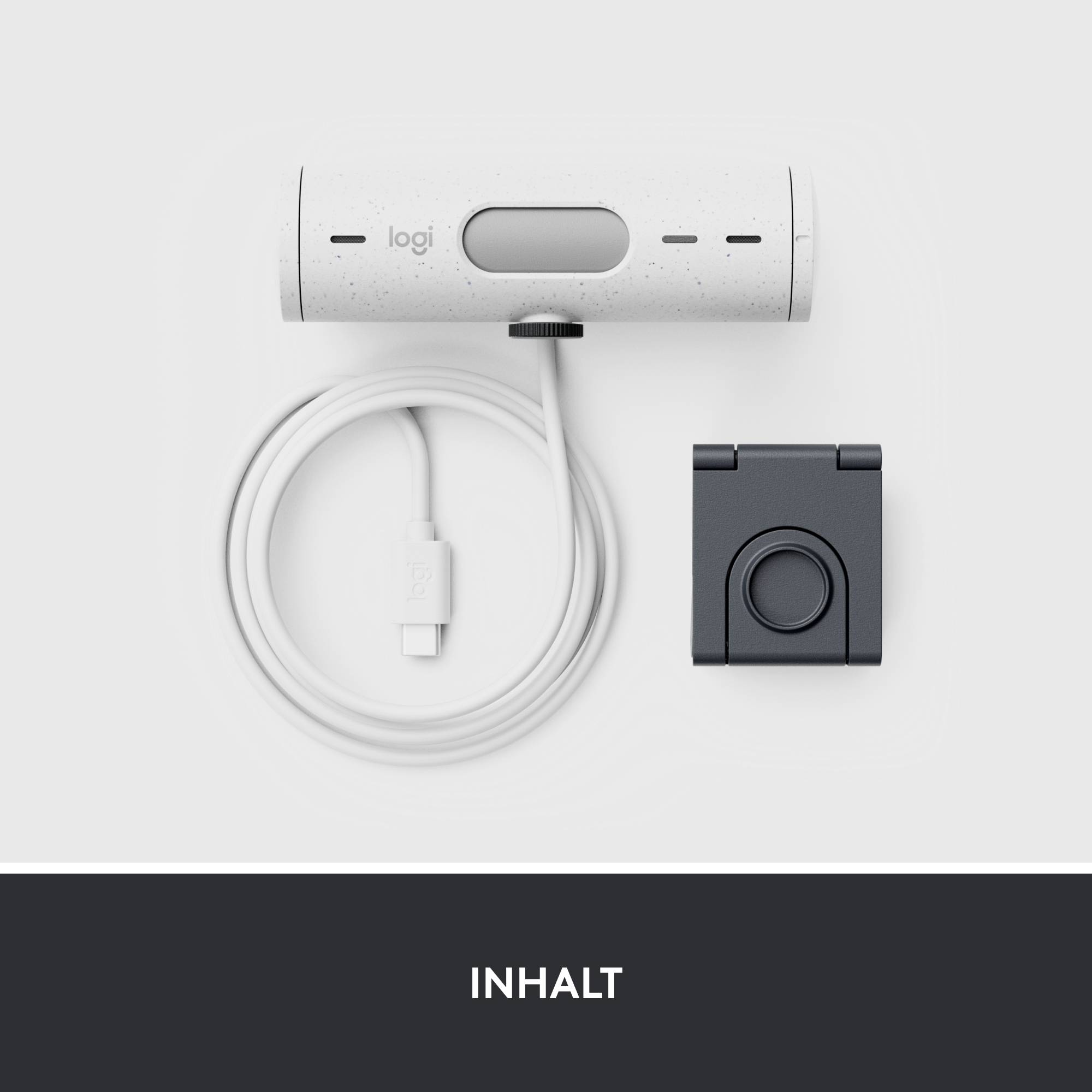 Webcam-set bestaande uit camera, USB-kabel en houder.