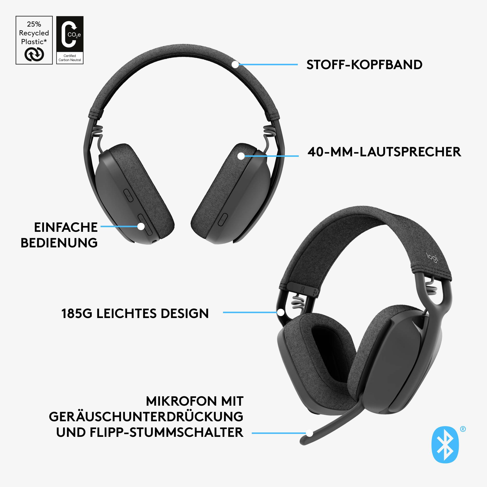 'Zwarte koptelefoon met stoffen hoofdband, 40 mm-speakers, eenvoudige bediening, ruisonderdrukkende microfoon en flip-muteknop.'