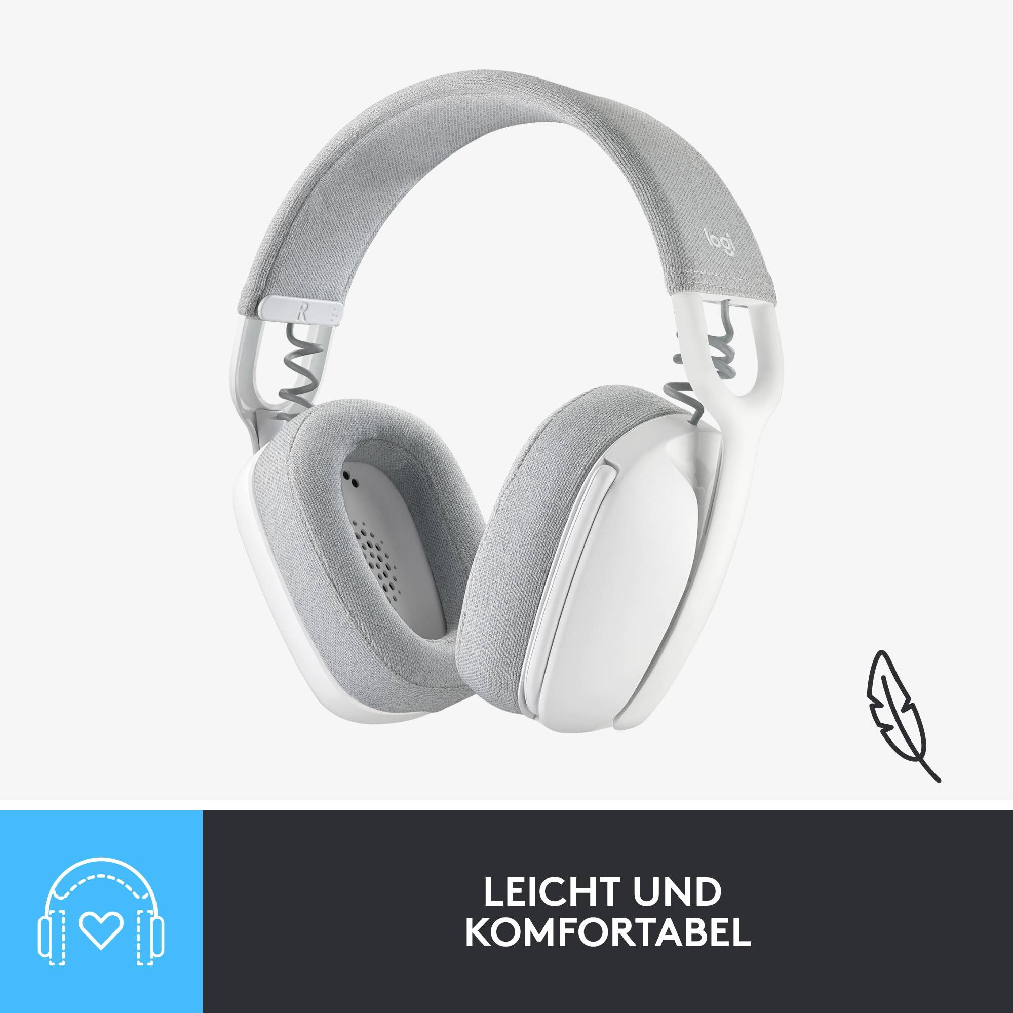 Koptelefoon in Wit en Grijs met tekst 'Licht en Comfortabel'. Veersymbool wijst op lichtheid.