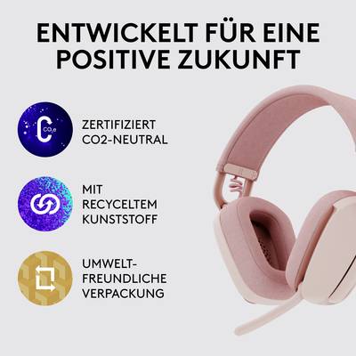 'Afbeelding van roze koptelefoons met tekst: Ontwikkeld voor een positieve toekomst. CO2-neutraal gecertificeerd, gemaakt van gerecycled kunststof, milieuvriendelijke verpakking.'