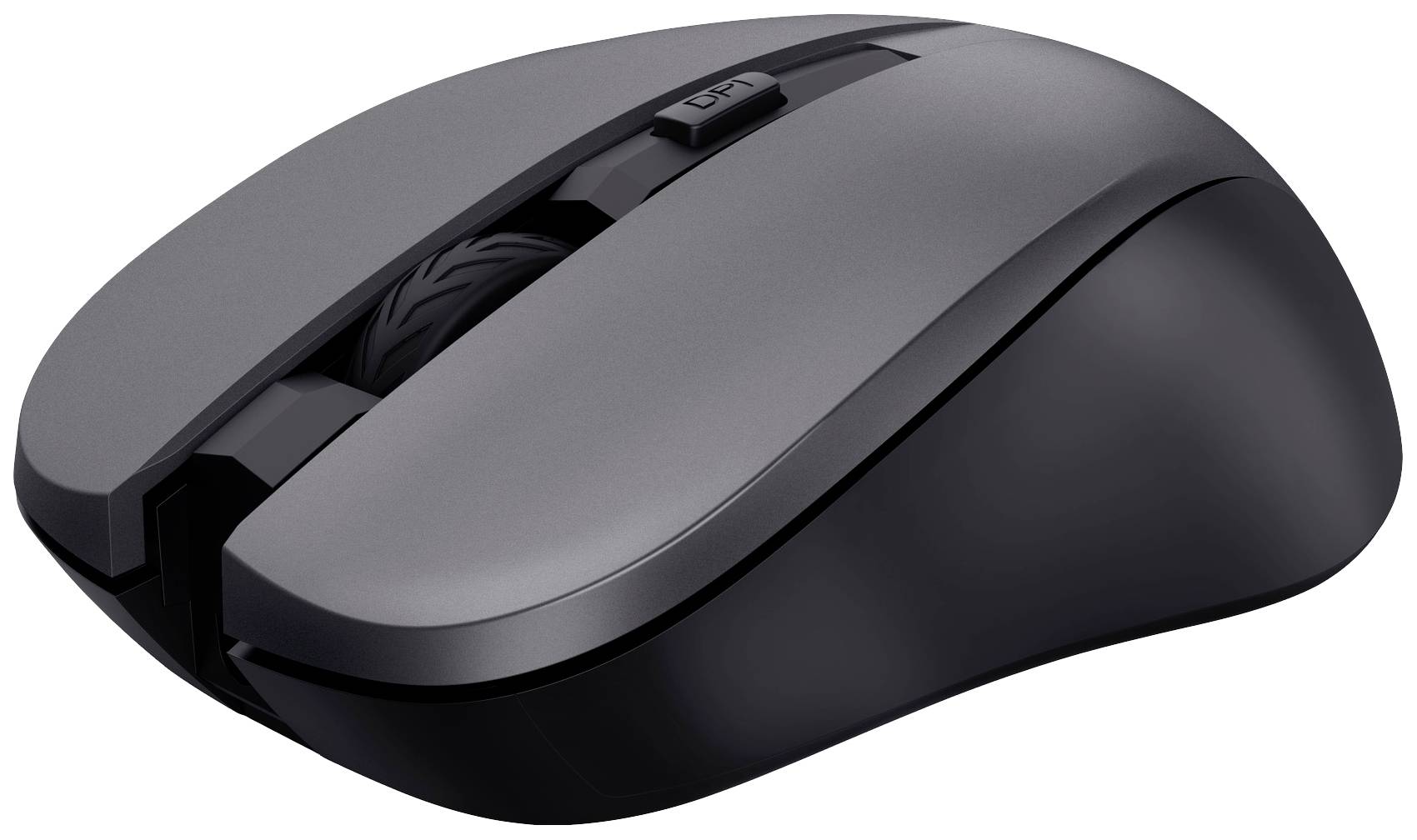 Draadloze, zwarte computermuis op witte achtergrond. Compact design met scrollwiel in het midden. Geschikt voor dagelijks gebruik.