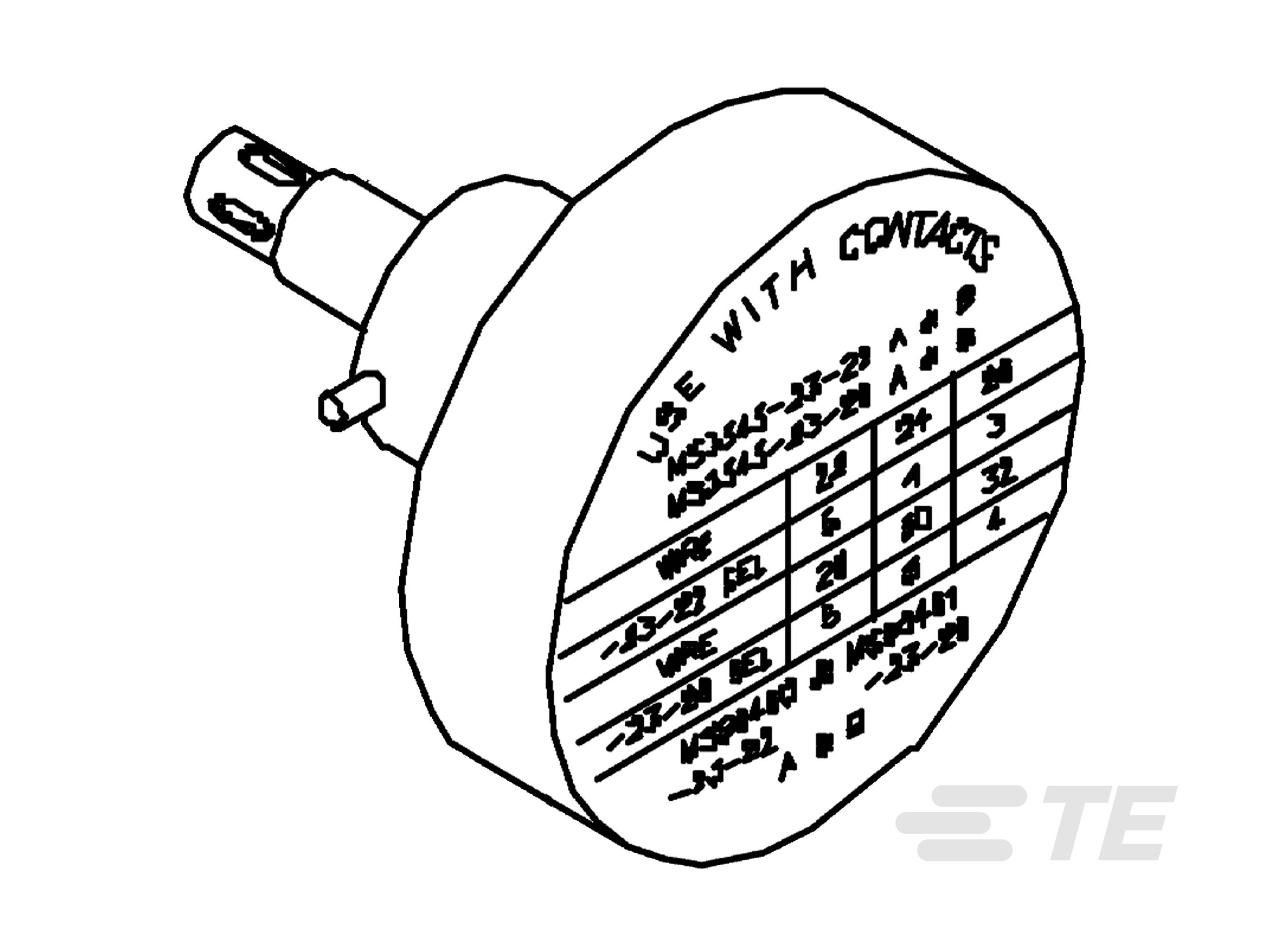 Lineaire tekening van een elektrische stekker met een contactbezettingstabel aan de voorzijde, toont compatibele contactformaten.