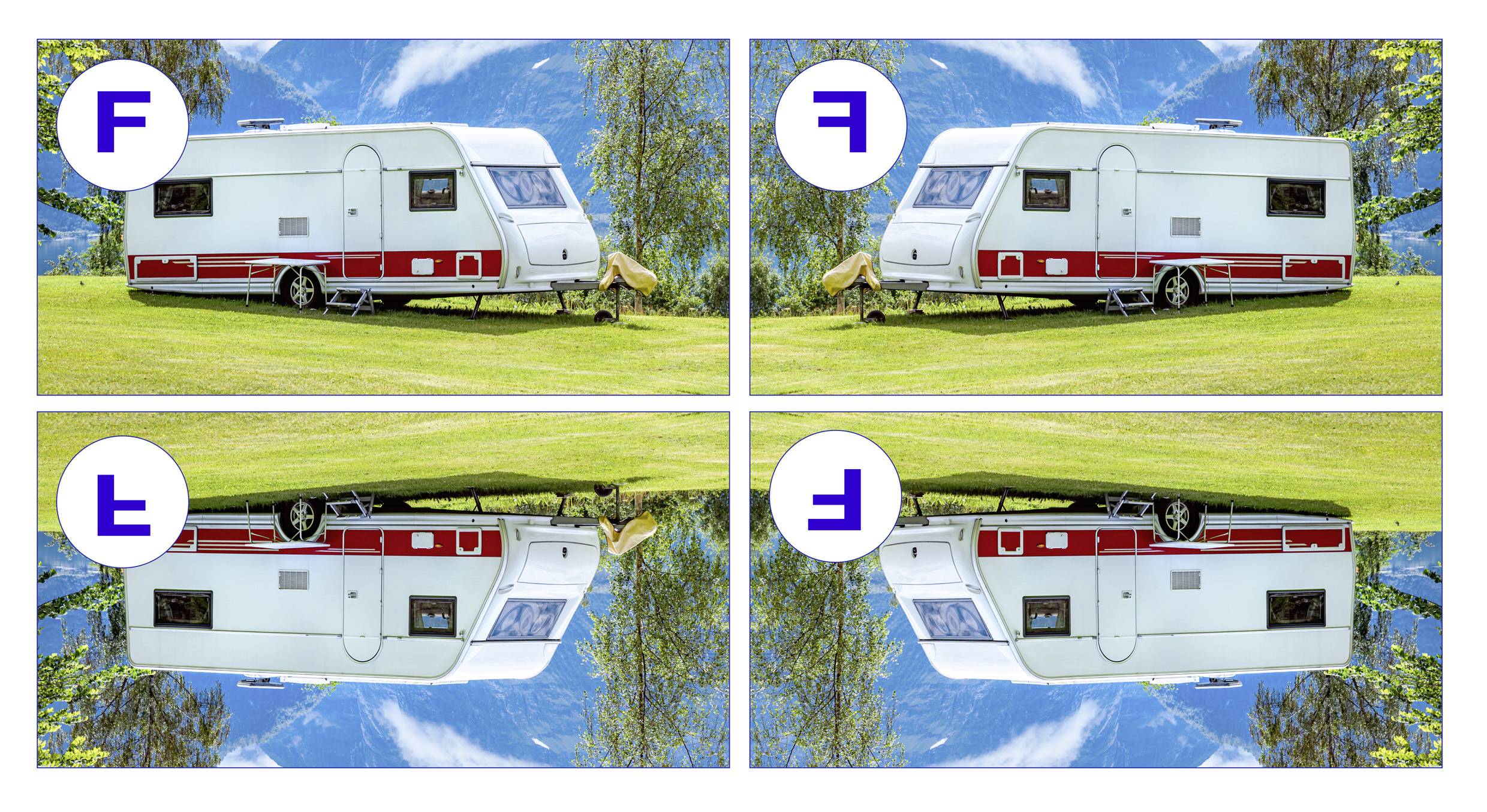 Twee naast elkaar staande caravans op een weide, omringd door bergen en bomen. In elk beeld een persoon liggend, ontspannen.