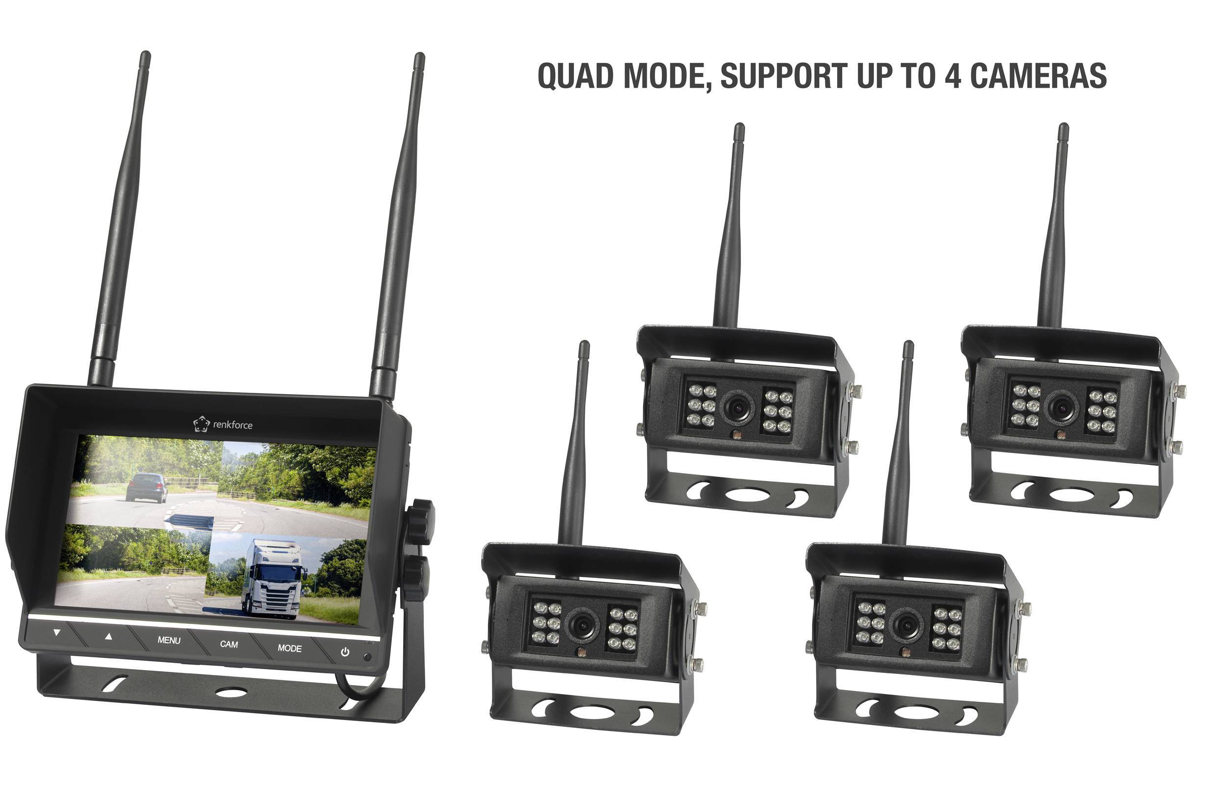 Een monitor toont een vrachtwagen-video en ondersteunt tot vier camera's. Links de monitor, rechts vier camera's afgebeeld.