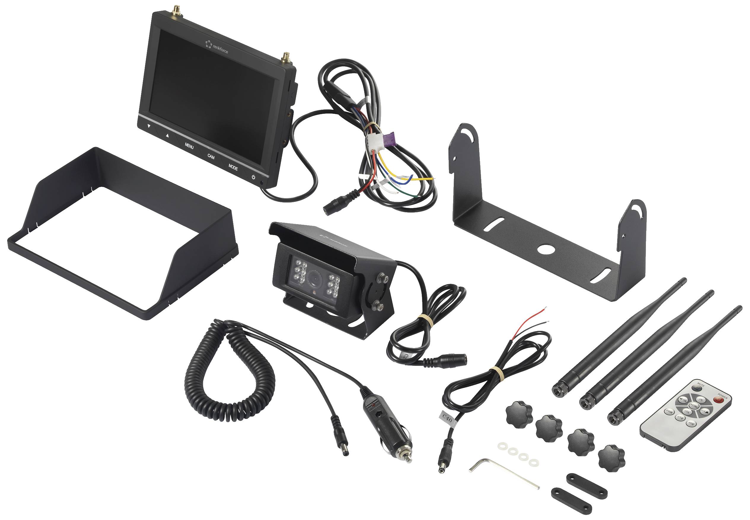 Een achteruitrijcamerasysteem met monitor, camera, bevestigingssteun, antennes, aansluitkabels en afstandsbediening, ontworpen voor voertuigmontage.