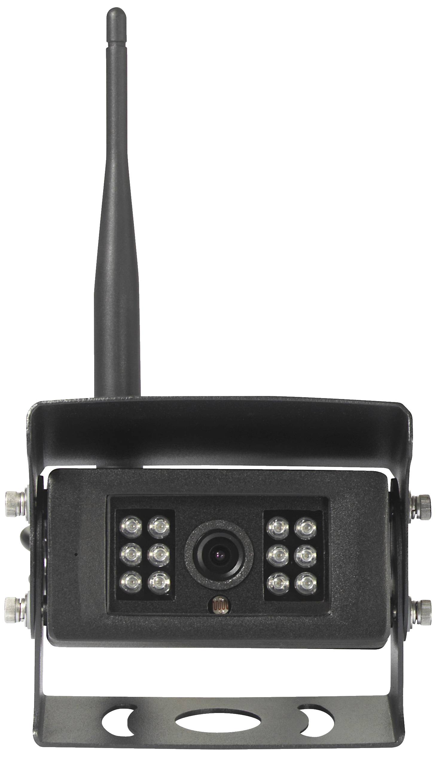 Zwarte bewakingscamera met antenne, gemonteerd in een metalen behuizing. Hij heeft meerdere LED-lampjes rond de lens.