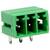 Groene stekkerverbinding met drie pinnen, gebruikt voor elektrische aansluiting van apparaten of componenten op een printplaat.
