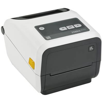 Een compacte, wit-zwarte etikettenprinter met bedieningsknoppen aan de bovenkant en een gele accent aan de zijkant.