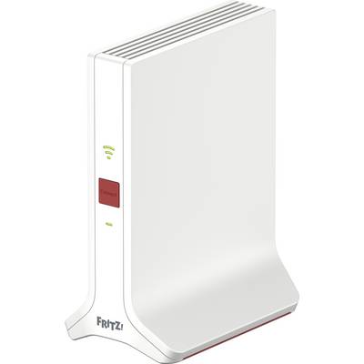 Een witte router met rode accenten en ventilatiesleuven, verticaal geplaatst. Merknaam 'FRITZ!' onderaan links zichtbaar.