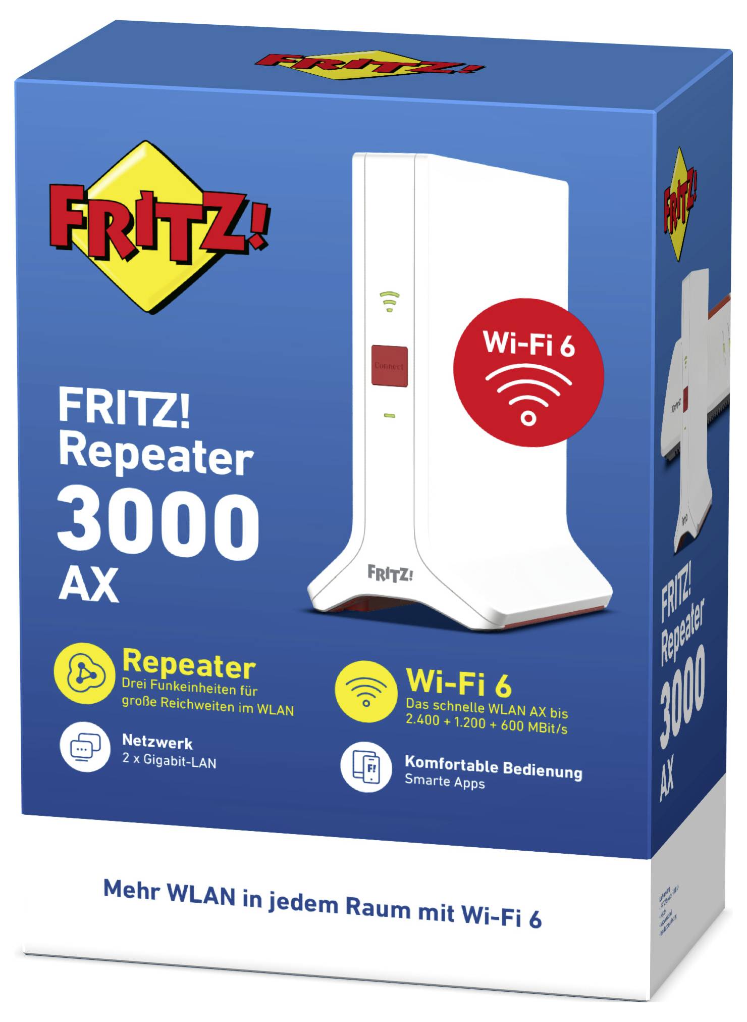 Een verpakking van de 'FRITZ! Repeater 3000 AX'. De doos benadrukt het WLAN-bereik, Wi-Fi 6 en gebruiksvriendelijke bediening.