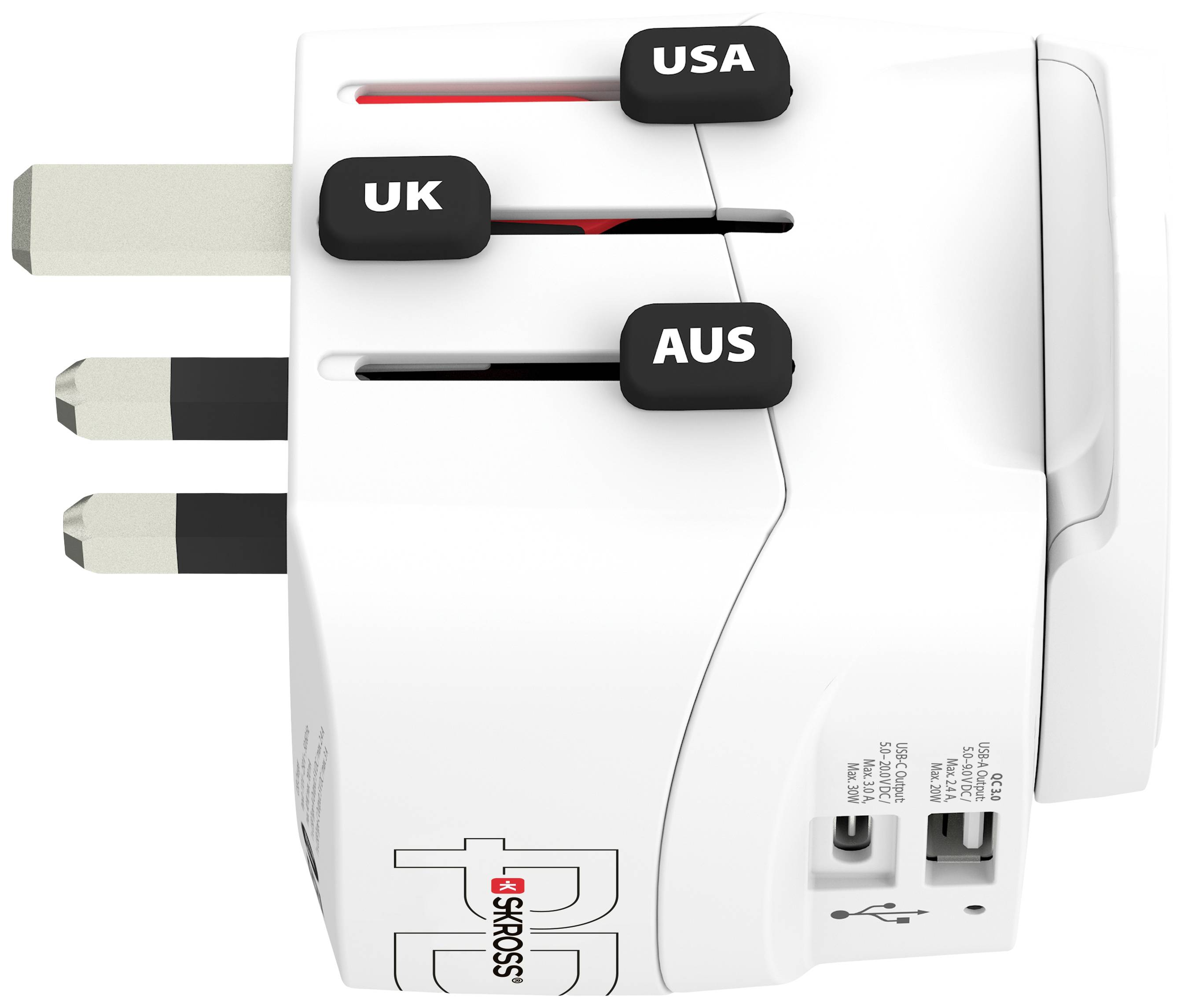 Een adapter met uitschuifbare stekkers voor VK, VS en Australië. Toont USB-poorten en een schakelaar voor landaanpassing.