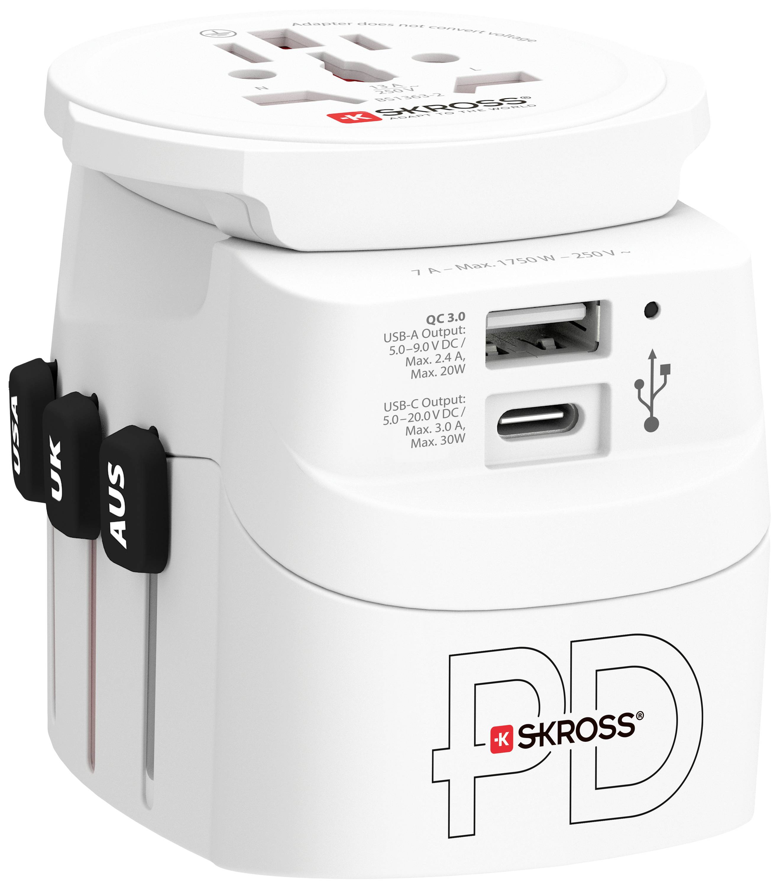 Reisestekker-adapter met USB-poorten en schuifschakelaars voor verschillende landstopcontacten, merk SKROSS. Geschikt voor internationaal gebruik.
