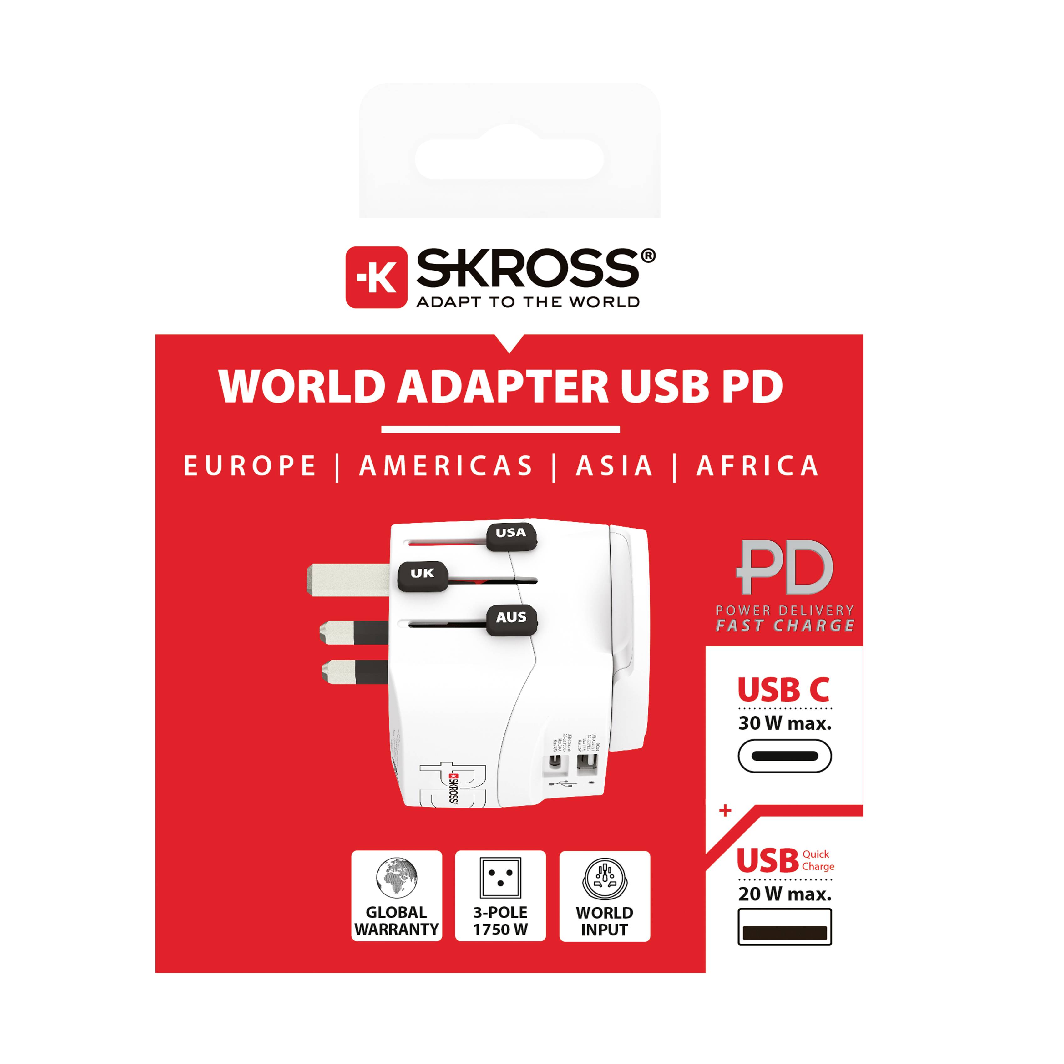 Reisadapter van SKROSS voor Europa, Amerika, Azië, Afrika. Inclusief USB-C en USB-aansluiting, geschikt voor apparaten tot 1750 W.