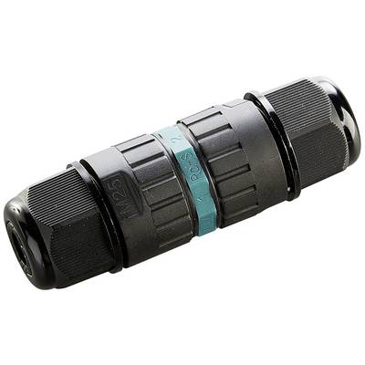 Een waterdichte kabelverbinder in een zwart behuizing met een blauwe afdichting in het midden, geschikt voor buitentoepassingen.