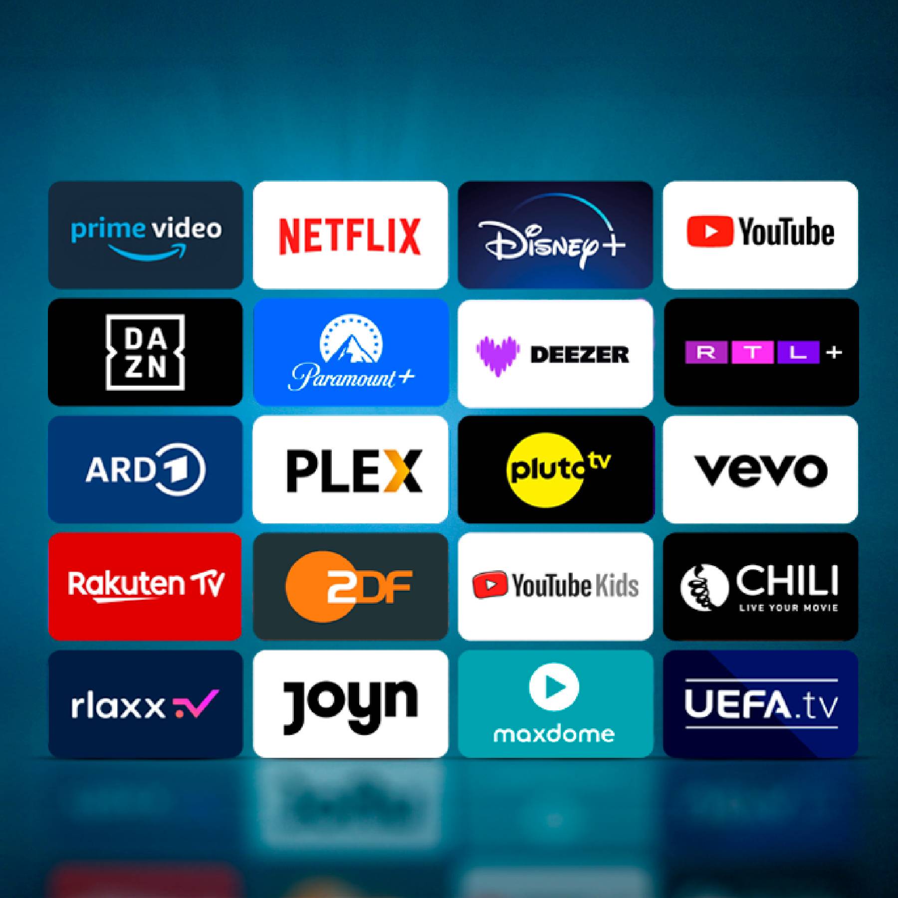 Een raster van 20 streamingservice-logo's, waaronder 'Netflix', 'Disney+' en 'YouTube', die verschillende entertainmentplatforms laten zien.