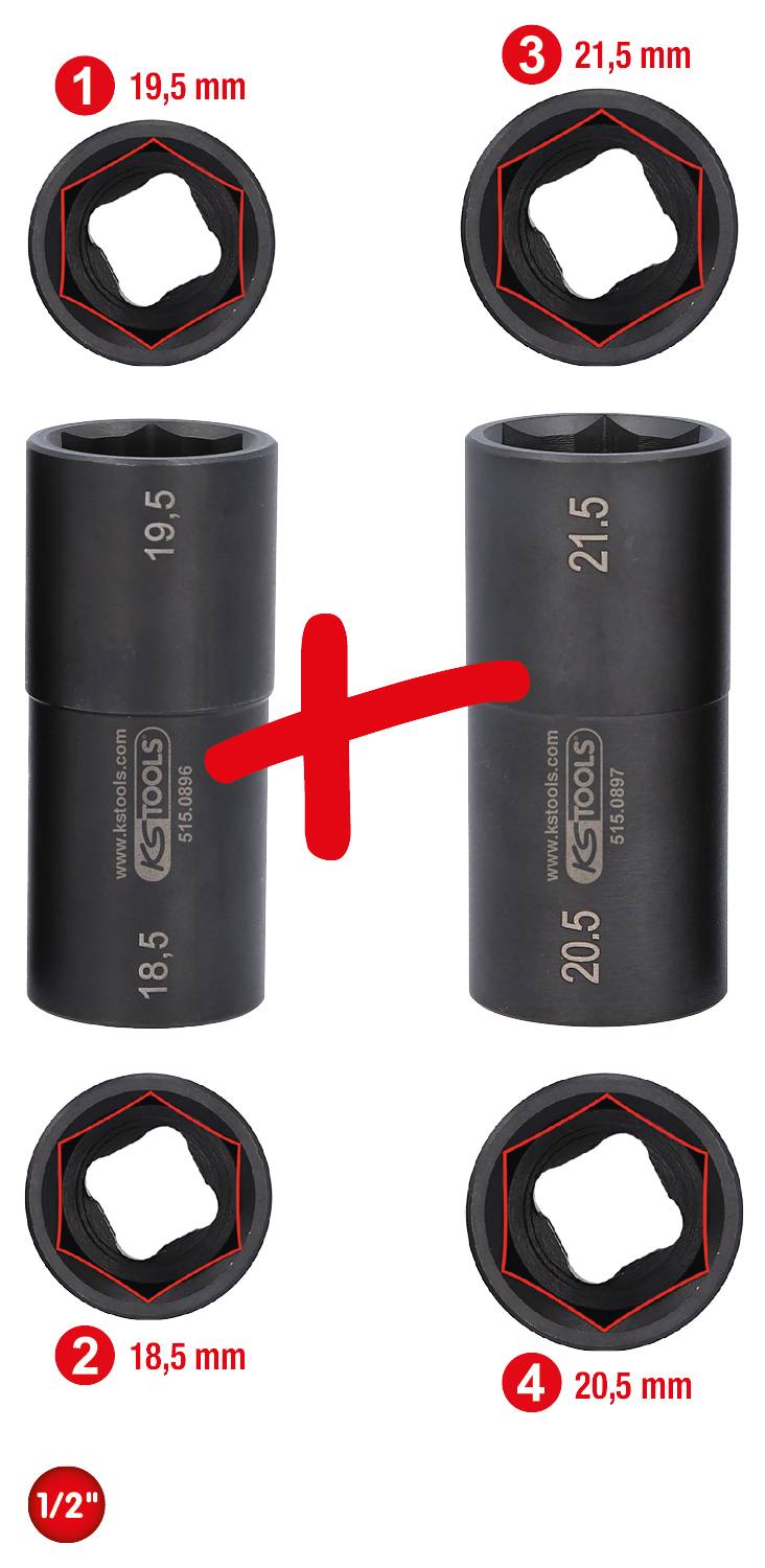 Twee steekmoeren, één met '19,5 mm' en '18,5 mm', de andere met '21,5 mm' en '20,5 mm'. Plustekens ertussen, rode opschriften.