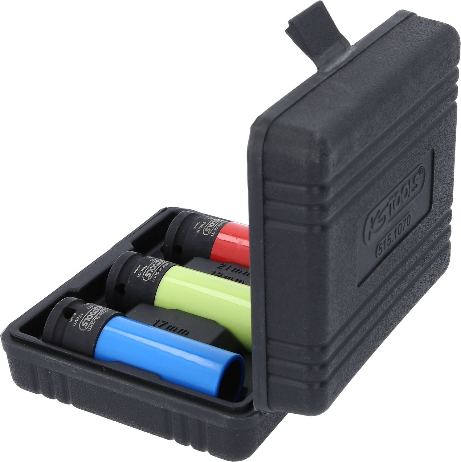 Een zwarte koffer met drie gekleurde noten: Rood, Geel en Blauw, gesorteerd voor gereedschapsgebruik.
