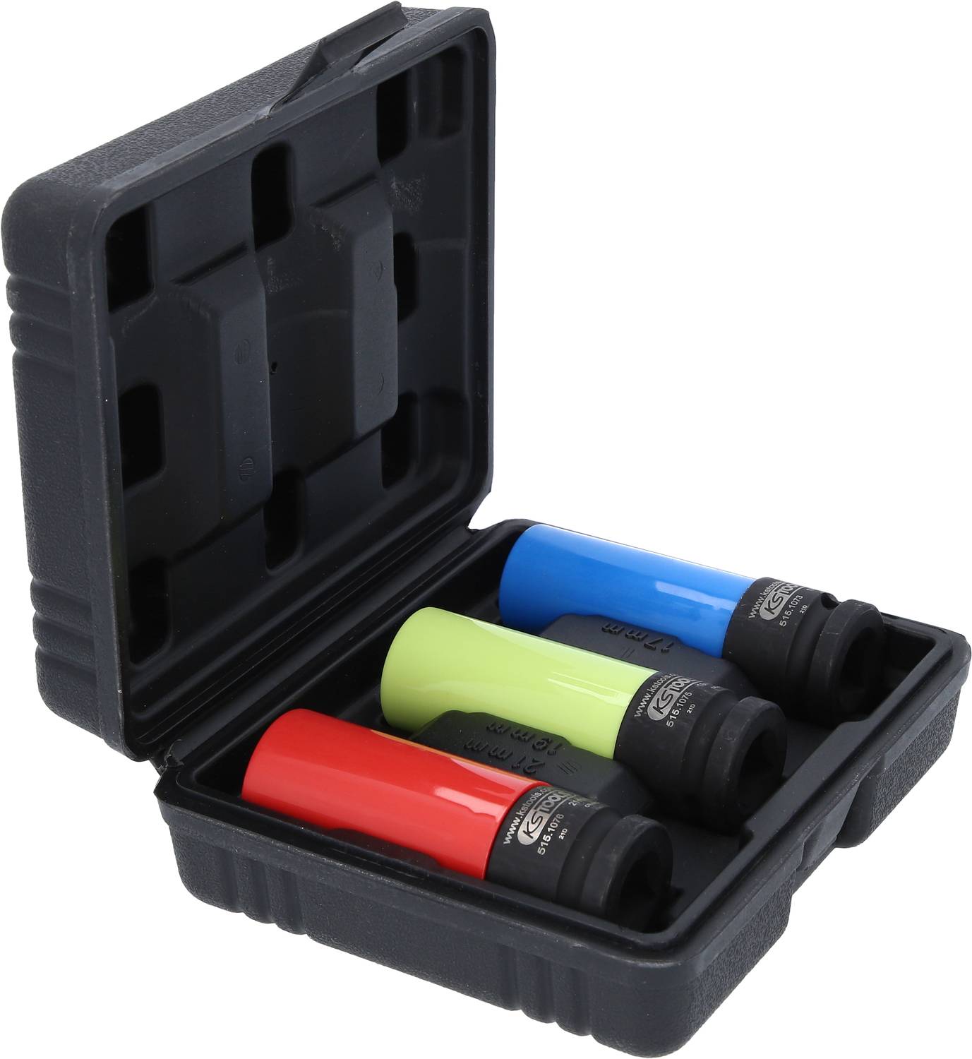 Een zwarte koffer bevat drie gekleurde dopsleutels: rood, groen en blauw. Ideaal voor gebruik met slagschroevendraaiers.