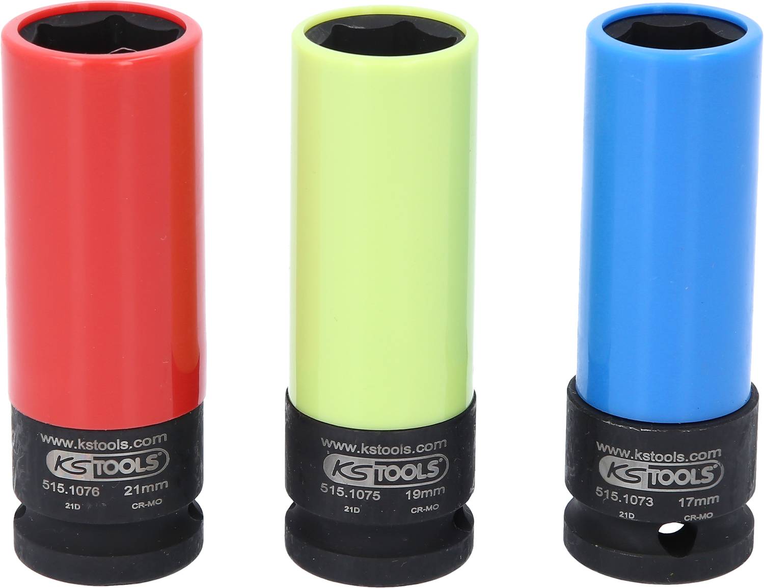 Drie gekleurde steekmoeren, rood, geel en blauw. Elke heeft een zwarte voet en is gemarkeerd met 'KS Tools', maten 21mm, 19mm, 17mm.