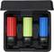Een set van drie gekleurde steekmoeren (rood, geel, blauw) in een zwarte koffer. Maten: 21 mm, 19 mm, 17 mm, van KS Tools.