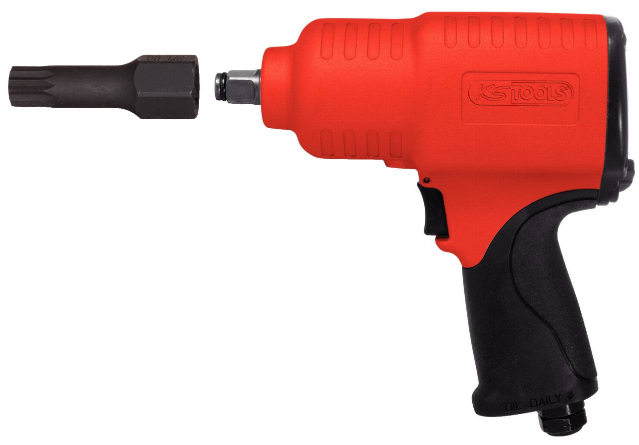 Pneumatische slagmoersleutel met een rood behuizing, zwarte handgreep en verwisselbare opzetstuk, geschikt voor mechanische werkzaamheden.